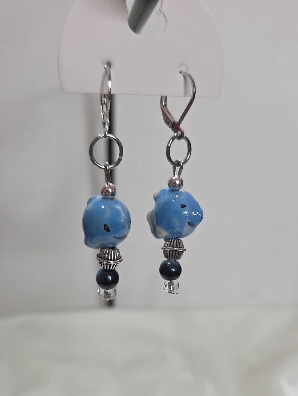 Handcrafted White Blue Fish Pierced Earrings Silver Lever Back Handmade Unique